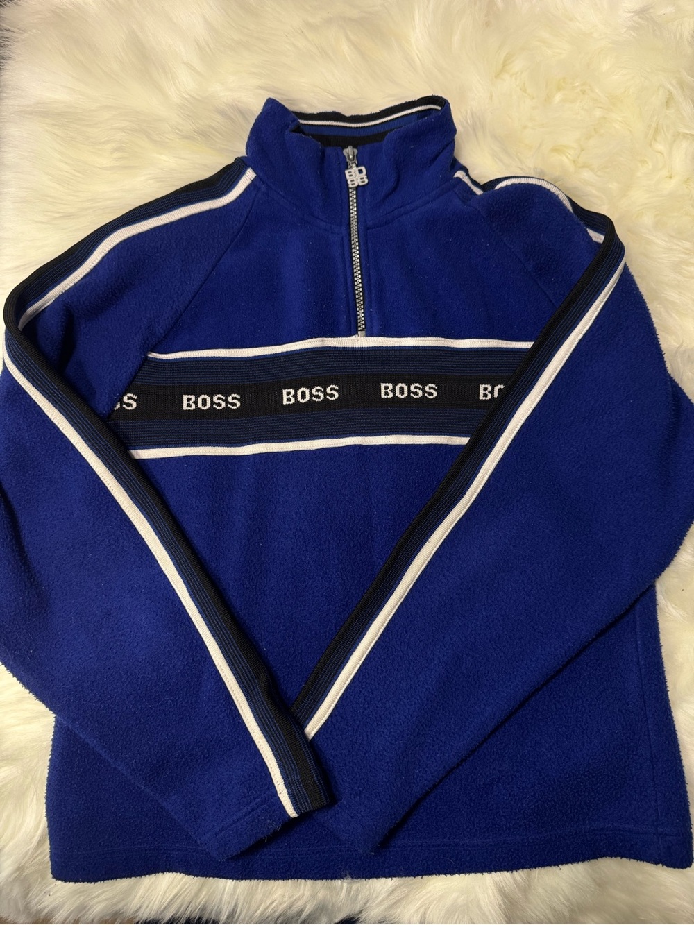 BOSS Royal Blue Zip-Up Sweater with Black & White Bands